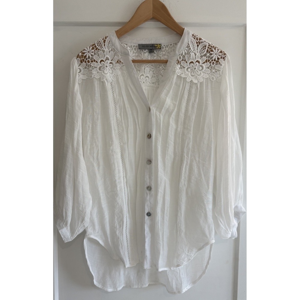 Figueroa & Flower White Lace Boho Blouse Button Down High Low Hem MED Costal